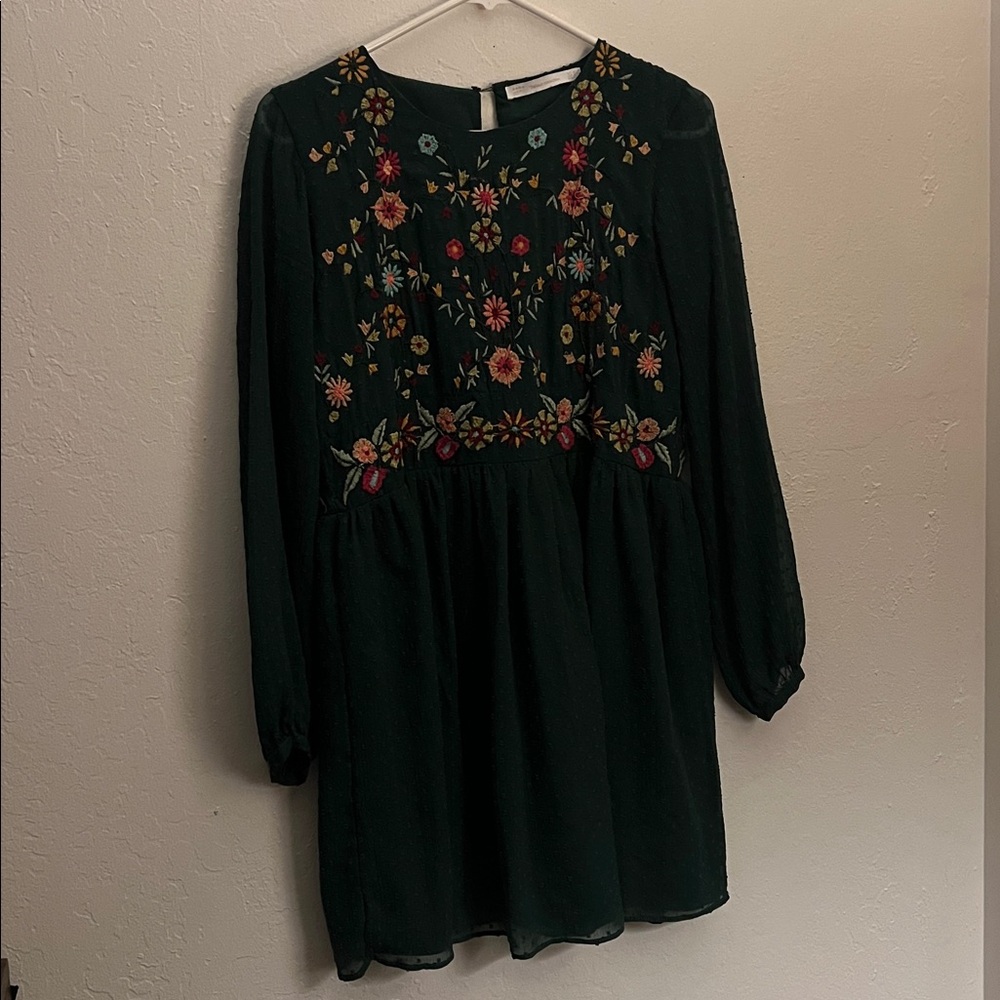 Zara Embroidered Swiss Dot Long-Sleeve Dress